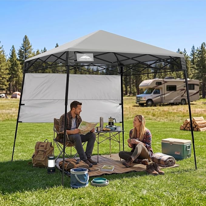 EAGLE PEAK 8x8 Pop Up Canopy Tent with Sidewall, Compact, Portable Slant Leg Instant Sun Shelter for Beach, Sports, & Camping, 8x8 Base 6x6 Top, Light Gray