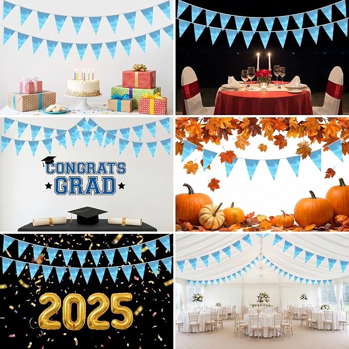 130FT LightBlue Triangle Pennant Banner Flag Metallic Fabric Bunting Garland for Christmas Graduation Wedding Engagement Anniversary Bachelorette Birthday Bridal Shower Valentines Hen Party Supplies