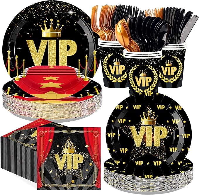 168Pcs Vip Party Decorations Movie Star Red Carpet Plates Napkins Cups Forks Knives Spoons Tableware Set Red Black Cine Film Show Celebrity Activity Graduation Prom Birthday Party Supplies Serves 24