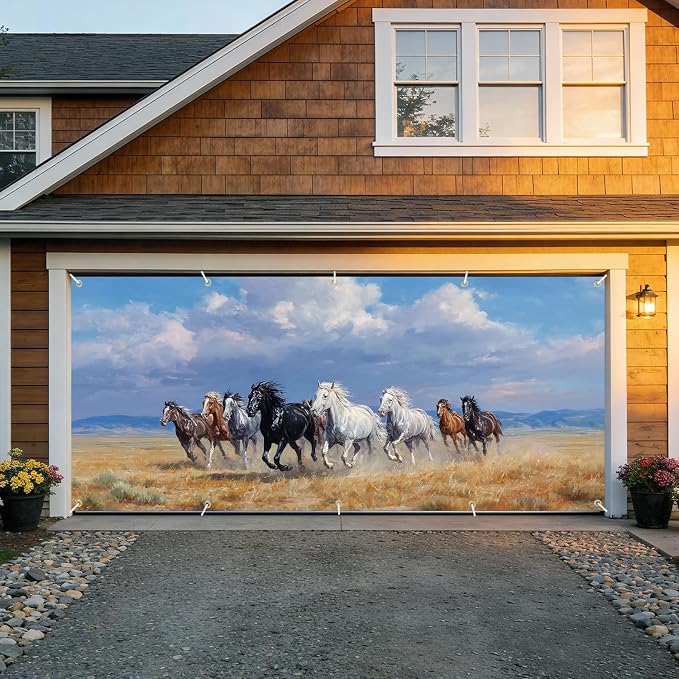 Wild Horse Garage Door Banner Cover 7x16FT Waterproof –Western Running Horses Painting Backdrop,Outdoor Decor for Cowboy Party,Western Theme Birthday,Wild West Events & Photo Booth