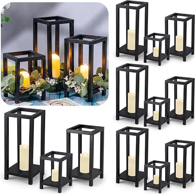 Sliner 24 Pcs Wedding Lantern Centerpiece Set Include 12 Rustic Wooden Candle Lantern 12 Flameless Candle for Wedding Party Baby Shower Table Fireplace Farmhouse Home Decoration(Black)