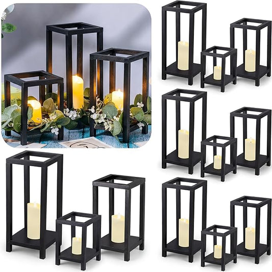 Sliner 24 Pcs Wedding Lantern Centerpiece Set Include 12 Rustic Wooden Candle Lantern 12 Flameless Candle for Wedding Party Baby Shower Table Fireplace Farmhouse Home Decoration(Black)