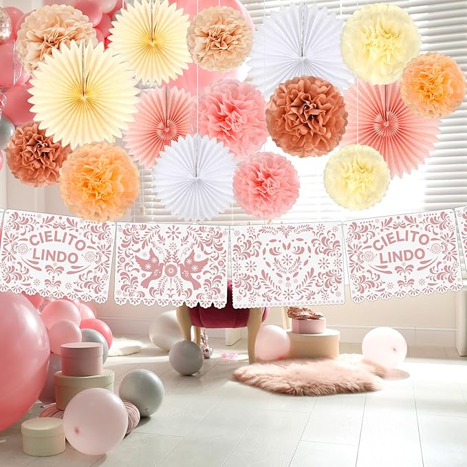 18 Pcs Cielito Lindo Party Decoration Cielito Lindo Decorations Hanging Paper Fans Pom Poms and Paper Banner for Bridal Shower, Fiesta, Engagement, Mexican Baby Shower (Pink)