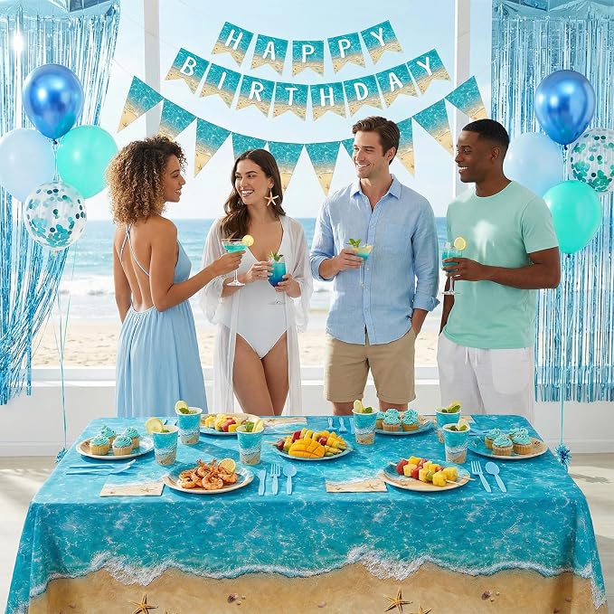 Beach Birthday Party Decorations, Beach Party Supplies, Plates and Napkins Sets [300 GSM], Tablecloths, Fringe Curtains, Banner, Ocean Themed Party Decorations, Under The Sea Beach Party Decorations