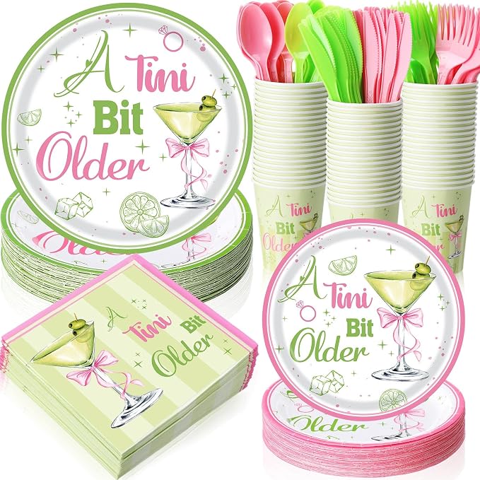 Pickmesh 400 Pcs A Tini Bit Older Birthday Party Plates and Napkin Decoration Martini Cups Knives Hot Pink & Green Paper Tableware for Women Birthday Bridal Wedding Baby Shower Supplies Serve 50
