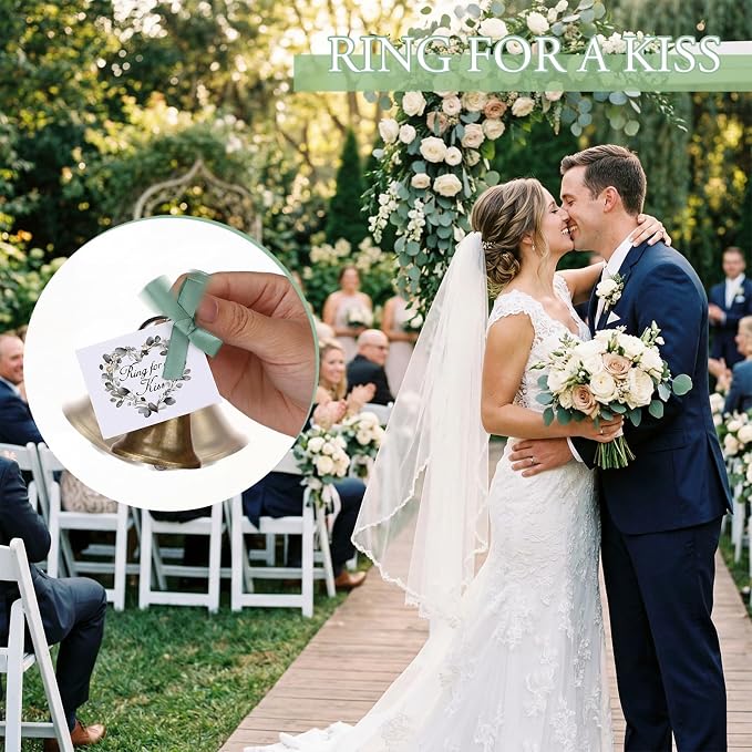 Lounsweer 36 Set Eucalyptus Wedding Bells Bulk Ring for a Kiss with Tags Sage Green Ribbon Kissing Bells for Wedding Reception Decorations Goodies Bags Party Supplies