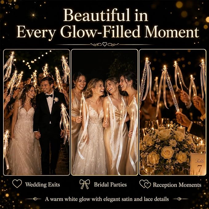 30 PCS Light Up Wedding Wands with Ribbons and Bells, Warm White LED Fairy Wands, 3 Light Modes Ribbon Streamers, Flameless Sparkler Alternative for Wedding, Bridal Shower, Birthday Party Favors