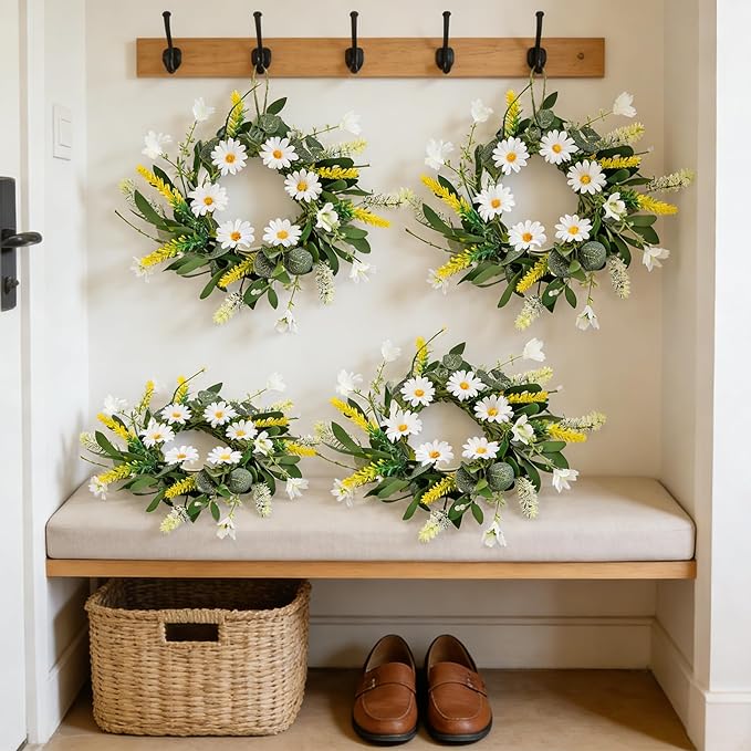 6 Pcs Artificial Spring Summer Swag Wreaths Mini White Daisy Floral Wreath Farmhouse Kitchen Cabinet Wreath Hanging Flowers Wreaths for Front Door Indoor Outdoor Home Decor Festival Celebrations