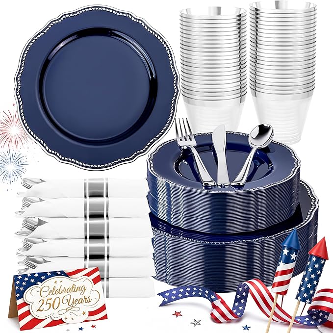 Hioasis 175pcs Blue Silver Plastic Plates - Silver Plastic Dinnerware Set Includes 25 Dinner Plates, 25 Dessert Dinnerware, 25 Cups, 25 Napkins Perfect for Wedding & Party & 4th ofJuly
