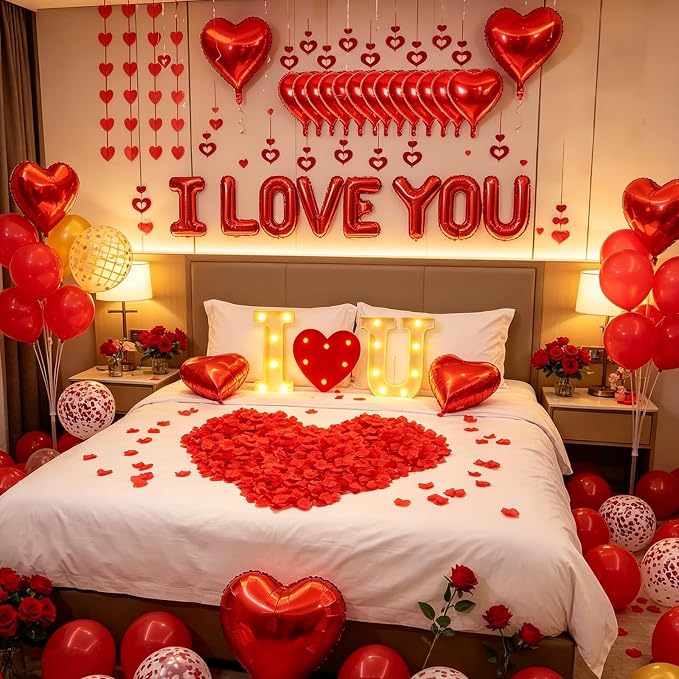 I LOVE YOU Light Up Letter Sign Decor 2 Set Red I LOVE YOU Balloons - 3100pcs Red Artificial Rose Petals 48pcs Flameless LED Candle Tealight Heart Foil Latex balloons Hanging Swirls Valentine's Day