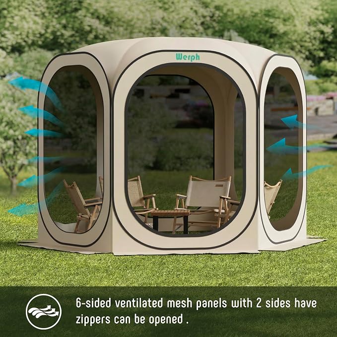 Werph 10x10 Pop Up Screen Tent, Mosquito Net Gazebo, UV Resistant, Beige | Roof Waterproof Screen Canopy, Quick Setup Outdoor Shelter for Backyard, Patio, Garden, Picnic, Camping and Events