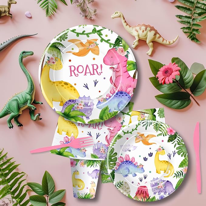 Srua Don Dinosaur Birthday Party Supplies Girl - Pink Dinosaur Party Decorations Tableware for Birthday Baby Shower, Paper Plate, Cup, Napkins, Tablecloth, Cutlery, Banner | Serves 24