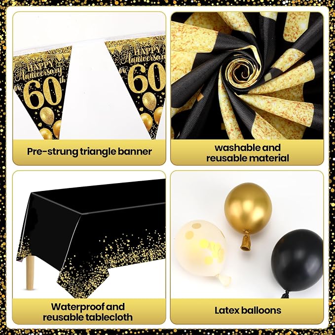 Black Gold Happy 60th Anniversary Decorations for Men Women, Black Gold 60th Wedding Anniversary Party Decorations Banner, Porch Banner, Triangle Flag, Tablecloth and Balloons Kit Party Supplies