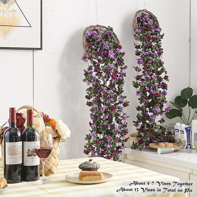 PONKING 8 Pcs x 8.2 ft Flower Garland Artificial Rose Vine Flowers with Green Leaves Hanging Fake Roses Vine for Room Party Home Wedding Birthday Christmas Wall Arch Decor, Spring Purple Flower