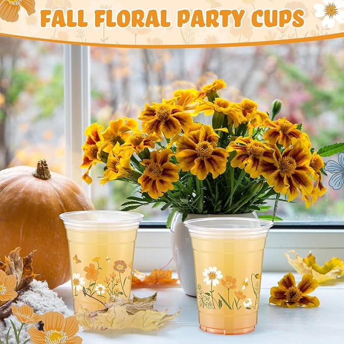 Hushee Yellow Boho Floral 60 Pcs Party Cups 16 oz Plastic Disposable Drinking Cups for Birthday Love Baby in Bloom Baby Shower Summer Fresh off The Market Bridal Shower Decorations Supplies