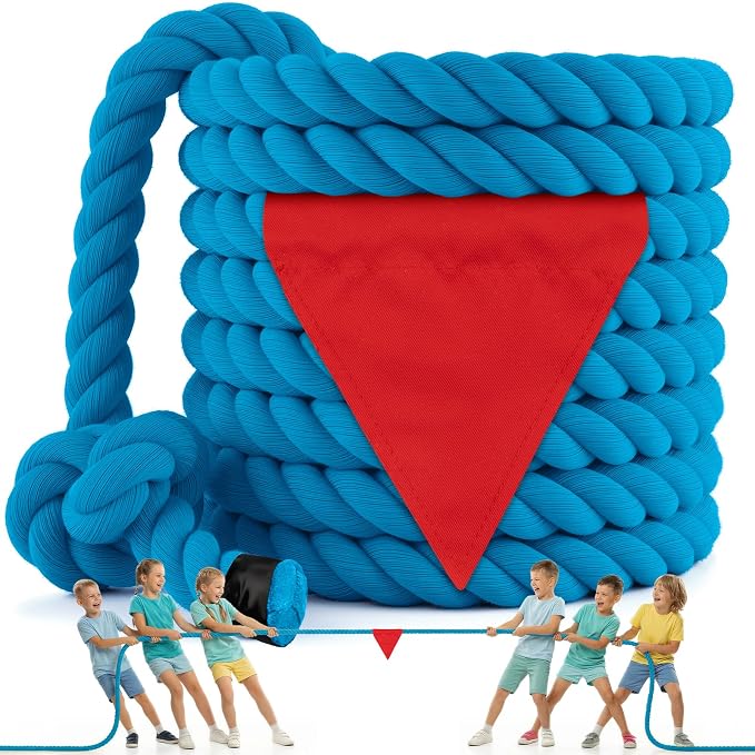 Tug of War Rope for Kids & Adults - 100ft Soft Cotton Outdoor Pulling Rope with Flag for Team Building Activities Field Day Family Reunions Birthday Parties Camping Games- Blue