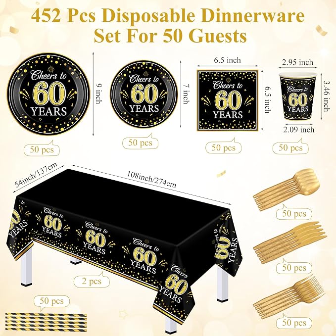 Funnymoom 452 Pcs 60th Anniversary Party Decorations, Cheers to 60 Years Paper Plates Napkins Cups Tablecloth Cutlery Straws Disposable Tableware Set for 60th Birthday Party Supplies for 50 Guests