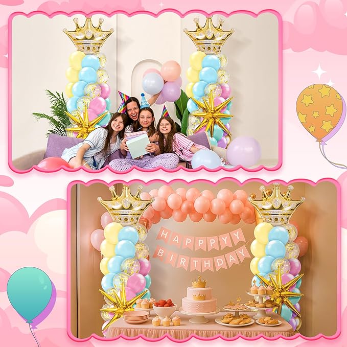 2 Sets Princess Balloon Column Stand Kit with Crown Exploding Star Foil Balloon Pastel Rainbow Balloons Arch Garland for Princess Birthday Wedding Baby Shower Decorations Party Supplies