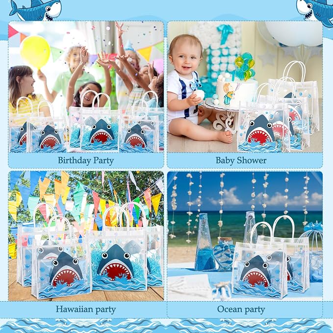 Hosuly 24 Pcs Shark Party Favor Bags with Handles, Clear PVC Blue Shark Candy Goodie Gift Bags for Summer Ocean Sea Baby Shower Birthday Party Favors Supplies, 7.9 x 7.9 x 3.1 Inch