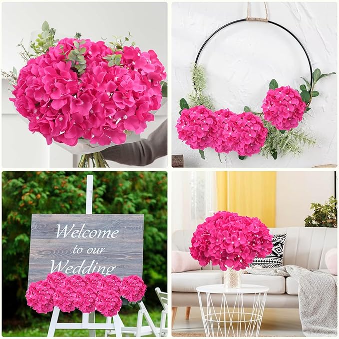 AVIVIHO 10pcs Hot Pink Fake Flowers Hydrangea Artificial Flowers Bulk (Not Squished, No Steaming Need) Silk Flowers with Stems for Wedding Decor,Home,Baby Shower,Table Centerpieces Decoration