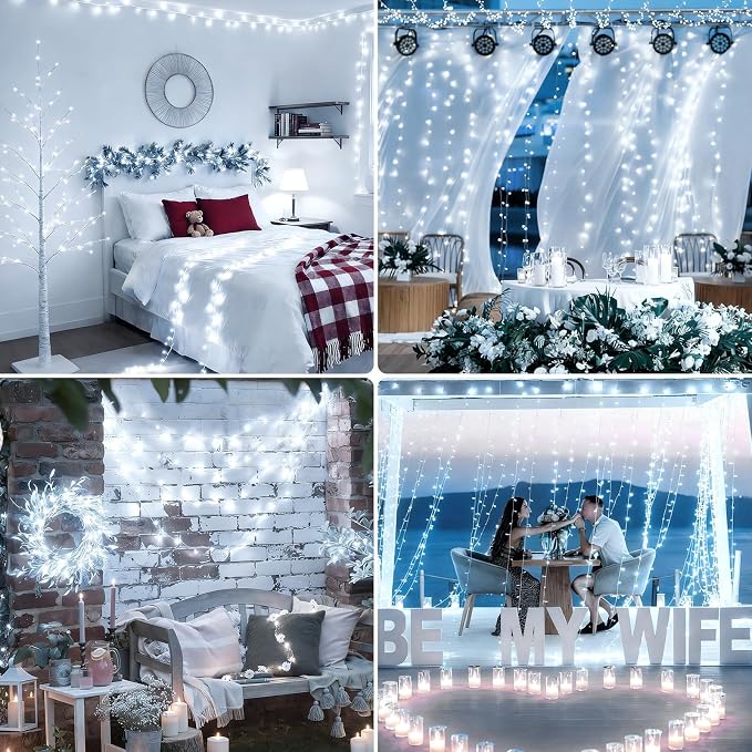 Connectable 2Pack String Lights Indoor, 66FT 200LED String Lights, 13Modes Twinkle Fairy Lights Plug in Outdoor Waterproof, Cool White Clear Wire Light for Christmas Tree, Wedding Yard, Party Decor