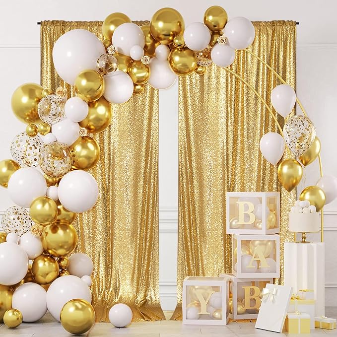 PartyDelight Gold Sequin Backdrop 5x10ft 2 Panels 4 Inch Rod Pocket | Dense 3mm gold sequins on mesh backing with 4 inch rod pocket for wide reception walls head tables stages and layered event