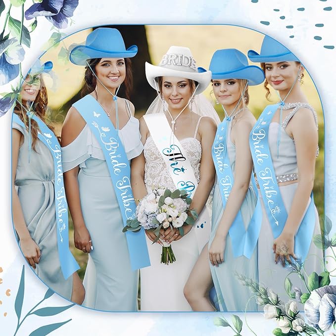 Newcotte 14 Pcs Bride Cowgirl Hat with Veil and Satin Sash Bachelorette Cowboy Hats Set for Wedding Party Bridal Shower Decor
