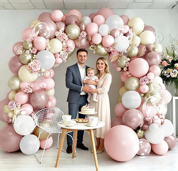 Dusty Pink White Beige Balloon Arch, Double Stuffed Pink Mauve Pearl White Nude Gold Balloon Garland Kit Boho Blush Cream Balloons for Birthday Baby Shower Bridal Wedding Mother's Day Party Decor