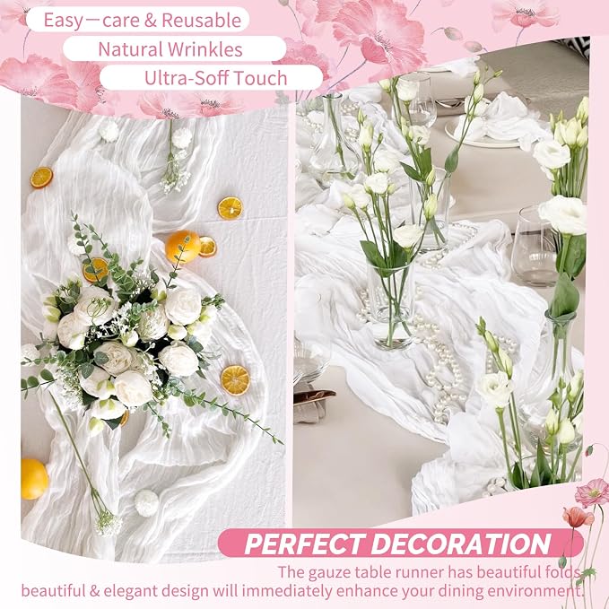 30 Pack White Cheesecloth Table Runner 17 x 108 inch Boho Gauze Table Runner Rustic Sheer Cheese Cloth Table Decorations for Wedding Party Baby Bridal Shower Birthday Holiday Home