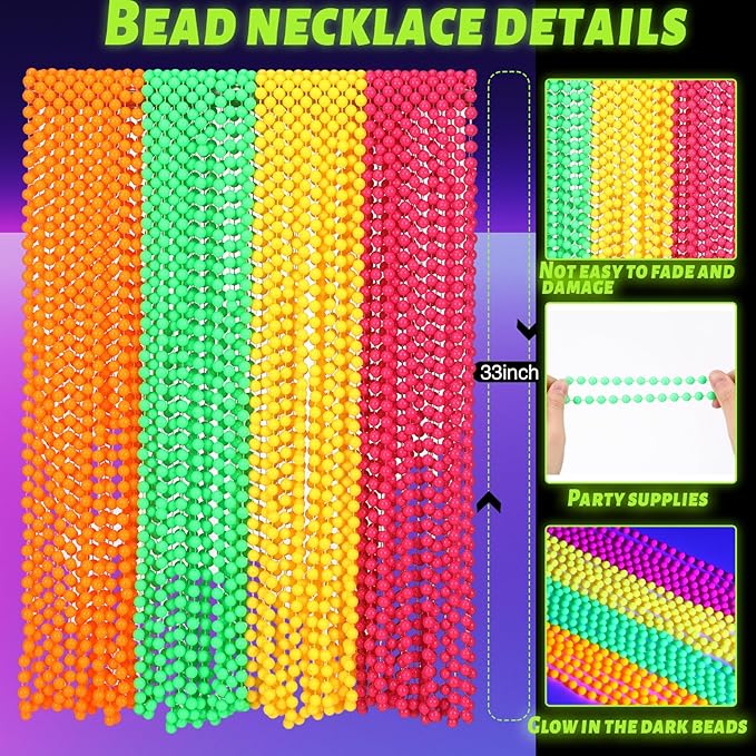 Ecally 48 Pieces Neon Beads Necklaces 33" Glow in The Dark UV Neon Bead Necklaces Glow Party Supplies 80s UV Black Light Accessories Bulk for Birthday Decorations Wedding Mardi Gras Party