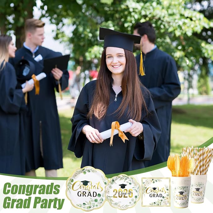 Funnymoom 452 Pcs Class of 2026 Sage Green Graduation Decoration Party Supply for 50, Green Gold Eucalyptus Congrats Grad Paper Plates Napkins Cup Tablecloth Cutlery for Freshly Graduated Decoration
