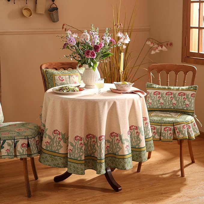 patdrea Vintage French Linen Tablecloth,Round,Diameter 67"-Cecilia D | Colorful Elegant Table Cloth for Round Table,Floral Vine Patterned,Dining Room Tea Party Thanksgiving Decor