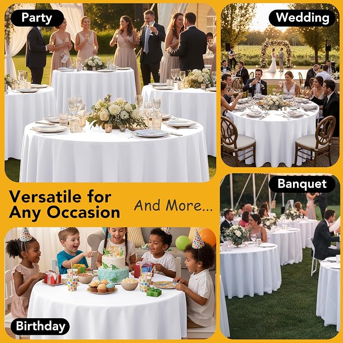 10-Pack White Round Tablecloths, 108 Inches, Stain-Resistant Polyester for 4-5 Ft Round Tables - Washable Table Covers for Weddings, Banquets, Birthday Parties, Events