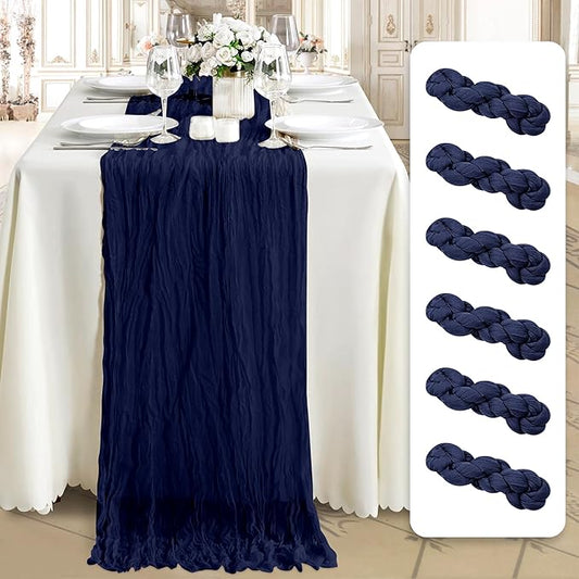 Cheesecloth Table Runner 6 Pack – 35x120 Inch (10ft) Boho Rustic Gauze Cloth Runners – Crinkle Polyester Table Decor for Wedding, Baby Shower, Bridal Shower, Birthday Party and More (Navy Blue)