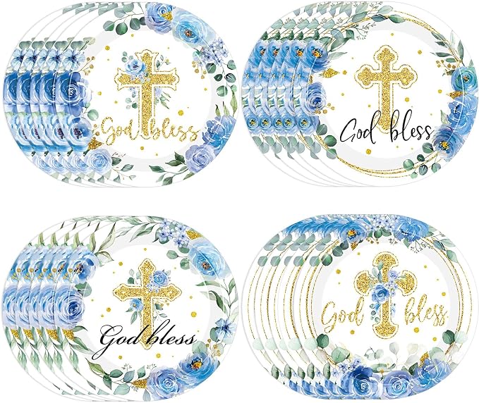 Funnymoom 60 Pcs Baptism Plates 9 Inch Blue God Bless Floral Plates Disposable Religious Party Decoration for First Communion Christening Celebration Baby Shower Religious Party Supplies