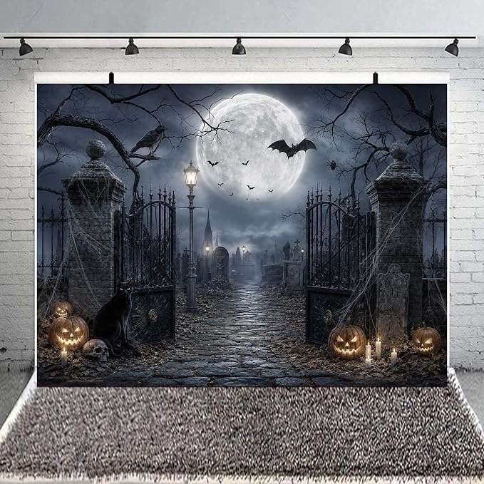 9 x 6 ft Halloween Backdrop Spooky Graveyard Cemetery Full Moon Pumpkin Black Cat Skull Photography Background, Horror Fall Party Decor Photo Booth Props, Kids Birthday Studio Wall Decor Banner