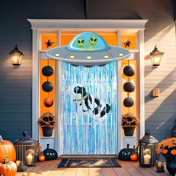 Alien Door Curtains with Tinsel Foil Fringe Curtain Cow Balloon Alien Spacecraft Party Decorations UFO Spacecraft Birthday Decorations Flying Saucer Spaceship Hanging Banner for Space Halloween Party