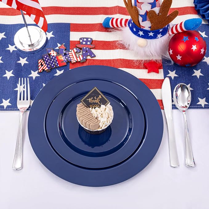 FLOWERCAT 60PCS Blue Plastic Plates - Heavy Duty Blue Plates Disposable (10.25" & 7.5") - serve for 30guest Birthday Party/Wedding/4th of July