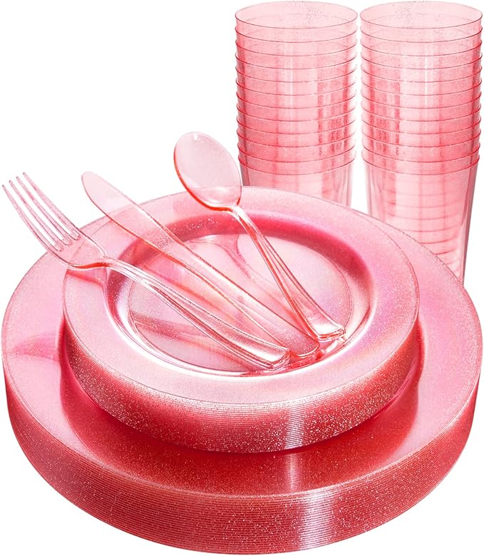 DaYammi 150PCS Pink Plastic Plates,Mother's Day Disposable Pink Dinnerware Set Clear pink Party plates with Silver Glitter Design Include 25 Dinner plates,25 Cake Plate,75 Cutlery,25 Cup for Party