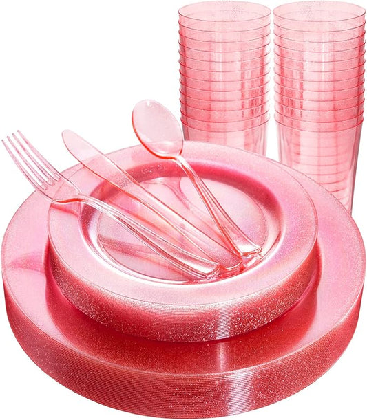 DaYammi 150PCS Pink Plastic Plates,Mother's Day Disposable Pink Dinnerware Set Clear pink Party plates with Silver Glitter Design Include 25 Dinner plates,25 Cake Plate,75 Cutlery,25 Cup for Party