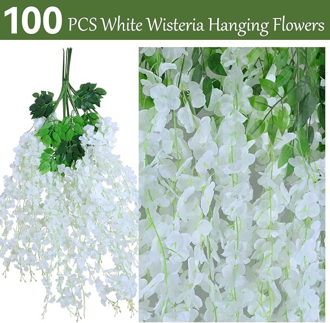 100 Pack White Wisteria Hanging Flowers,Fake Hanging Wisteria Flowers Garland for Decoration (3.6 Ft/Pcs)