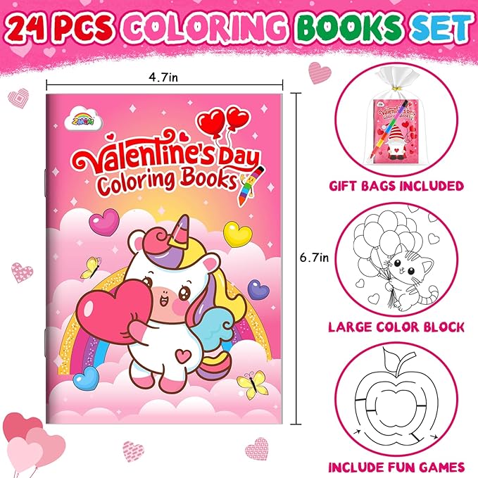 ZMLM 24 Pack Valentine's Coloring Books for Kids with Crayons,Party Favors for Kids 4-8, Goodie Bags Stuffers for Toddlers, Classroom Prizes Birthday Return Gifts (Valentine)