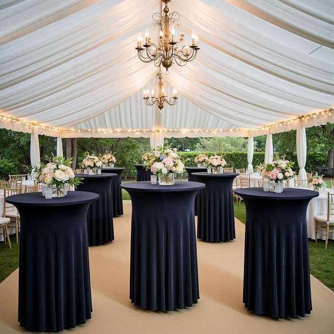 2 pk Navy Blue Cocktail Table Cloth Round 32×43in-High Top Highboy Bar Cocktail Tablecloths-Wrinkle Free Stretchy Fitted Spandex Table Covers with Ruffle Desk Skirt for Wedding Banquet Party Tables