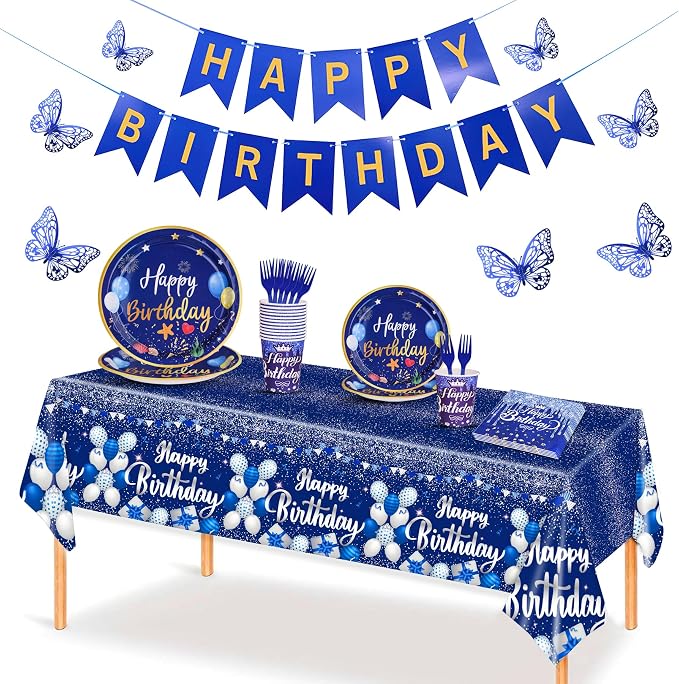 Blue Happy Birthday Party Supplies Tableware Set Birthday Decoration with Banner and Tablecloths Plates Cups Napkins Party Dinnerware for 24 Guests Men Boys