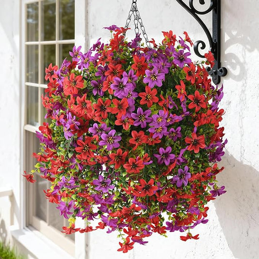 Artificial Faux Hanging Flowers Plants Baskets for Outdoors Fake 3 Bundles Silk in Planter UV Resistant for Porch Patio Balcony Garden Yard Home Decor (3Pcs Red&Lotus Red,1Pcs Hanging Basket)