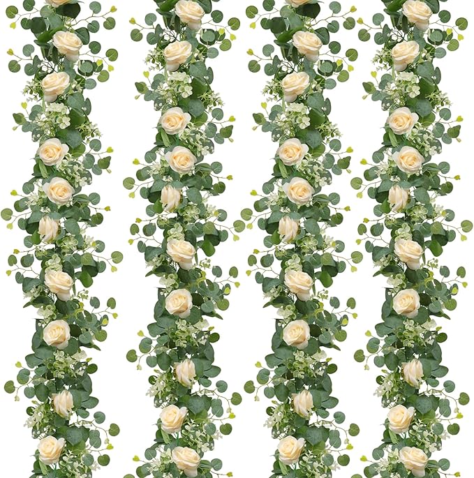 TOCHGREEN 4Pcs(26 Ft) Artificial Eucalyptus Flower Garland with Champagne Rose Flowers,Faux Rose Vine Gypsophila,Floral Greenery for Party Wedding Table Decor (Champagne, 4PCS)