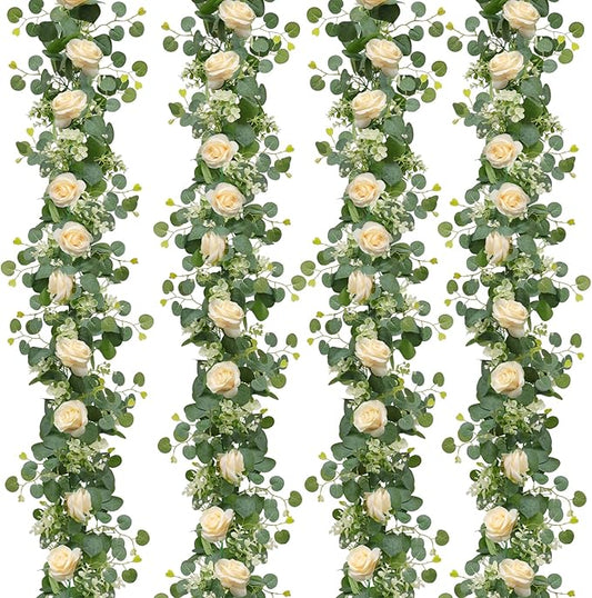 TOCHGREEN 4Pcs(26 Ft) Artificial Eucalyptus Flower Garland with Champagne Rose Flowers,Faux Rose Vine Gypsophila,Floral Greenery for Party Wedding Table Decor (Champagne, 4PCS)