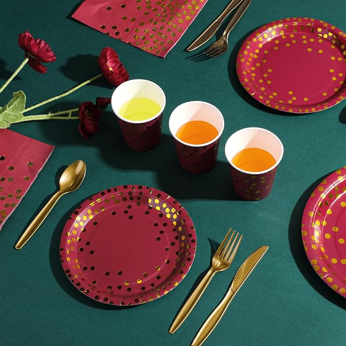 Tegeme 256 Pcs Maroon and Gold Dot Party Supplies Serve 36 Guest Burgundy Red Paper Plates Napkin Tablecloth Disposable Dinnerware Plastic Fork Knives Cup for Birthday Baby Shower Wedding Decoration