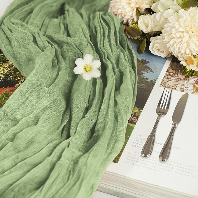 16 Pack Cheesecloth Table Runners 20" x 120", Boho Gauze Table Decor for Wedding, Bridal Shower, Birthday Party, Long Romantic Runner(Sage Green)