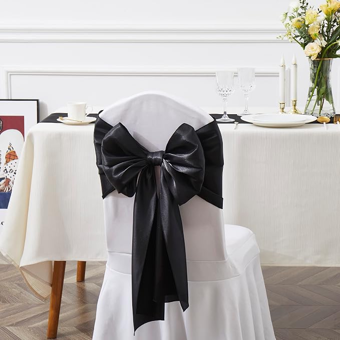 50 Pcs Black Satin Chair Sashes Bows Universal Chair Cover for Wedding Reception Events Banquets Party, Hotel Event Decorations, 6 x 108 inch